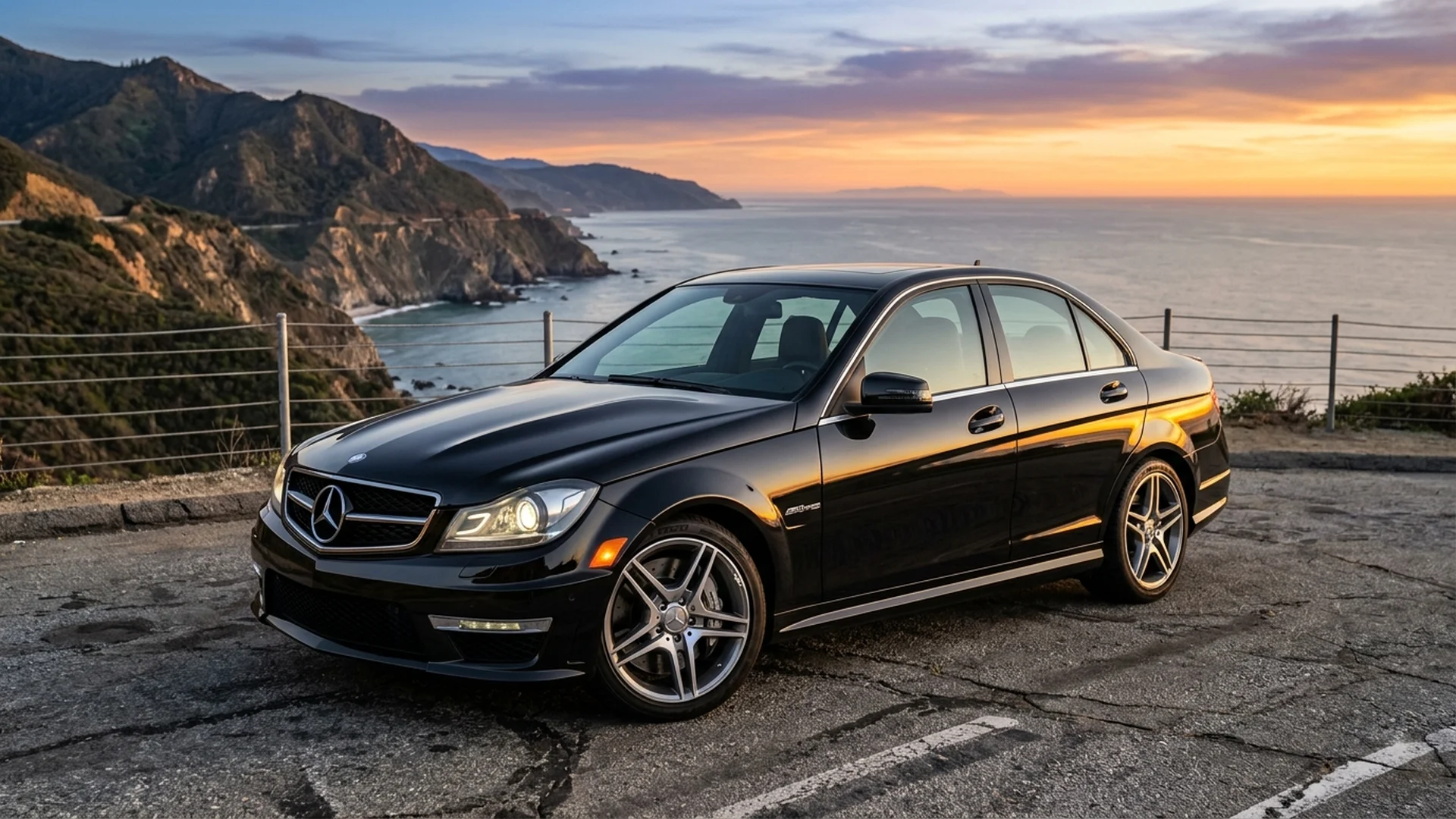 Black Mercedes-Benz W204 C-Class C200 CGI sedan with AMG styling at coastal sunset
